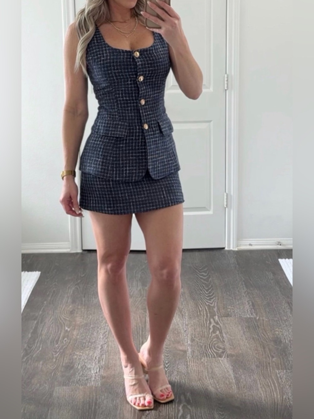 Vici Navy Tweed Mini Dress Set with Gold Buttons